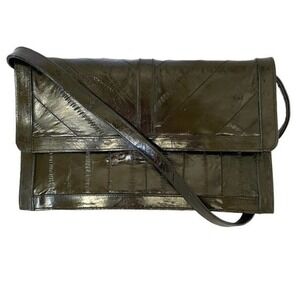 Vintage Eel Skin Black Leather Shoulder Bag Envelope Clutch Purse